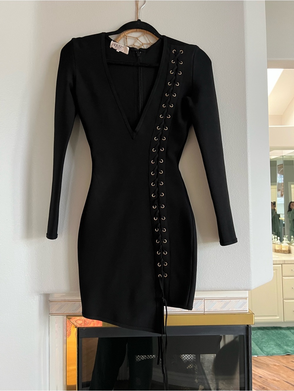 House of CB Black Lace-Up V-Neck Mini Dress